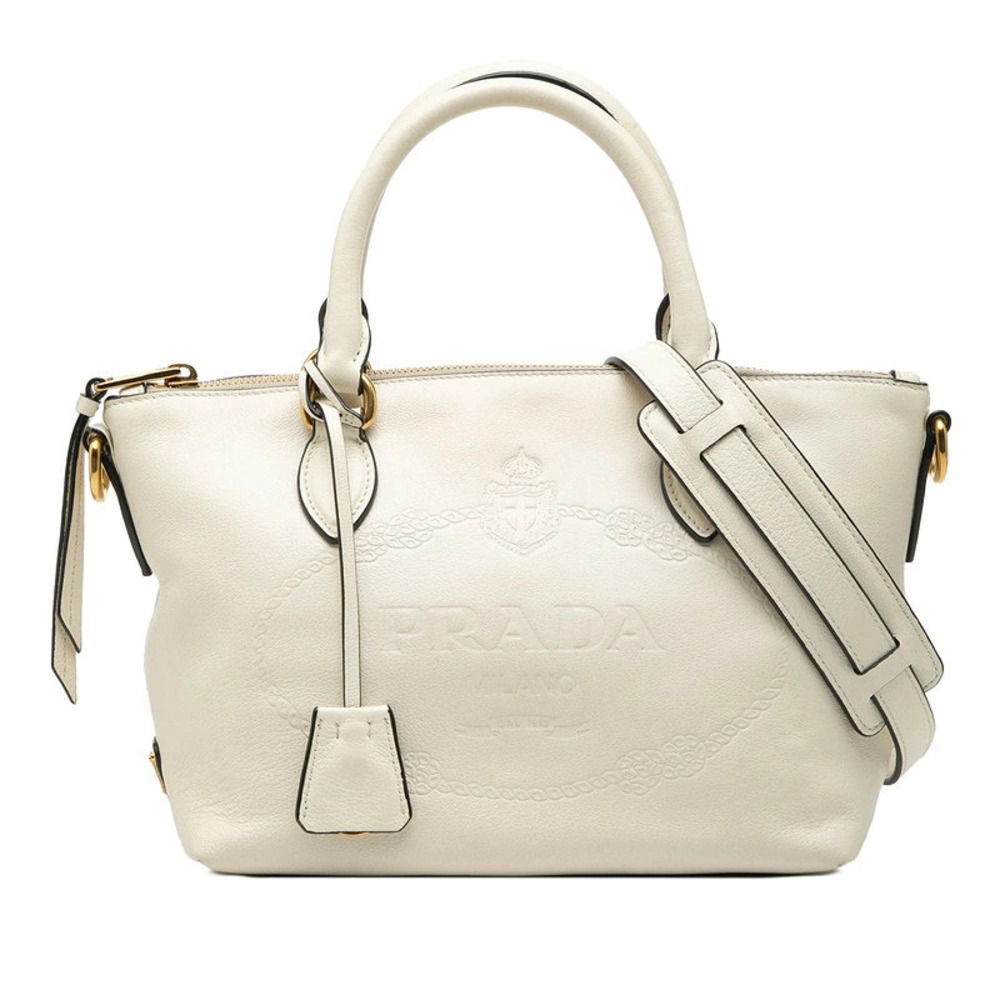 Prada Triangle Plate 2way Shoulder Bag White Leather